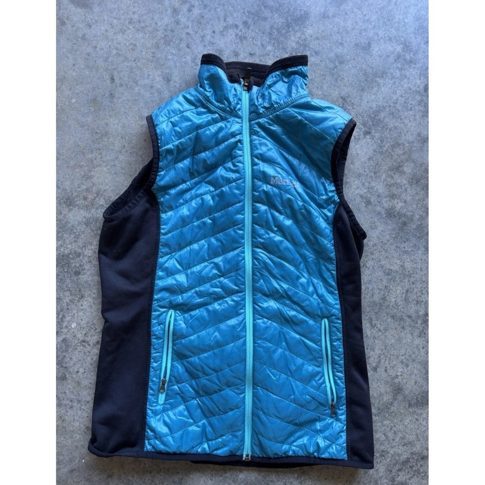 Marmot Puffer Vest Womens M Blue Polartec Hiking Performance Mock Neck Full Zip